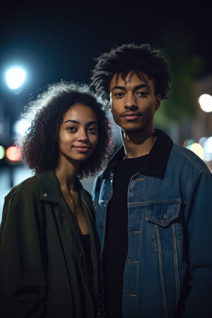 shot of a young couple standing outside together at nightの素材