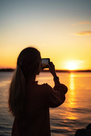 shot of a young woman taking a picture of the sunsetの素材