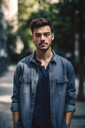 shot of a young man standing outsideの素材