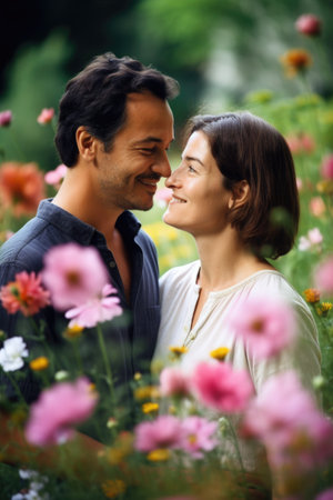 smile, flowers and portrait of couple in garden with happiness, love and partnershipの素材