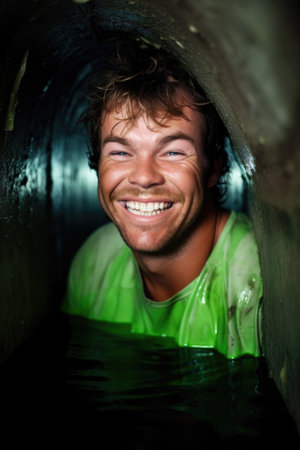 man, portrait and smile in a water damage sewer with green background for eco designの素材
