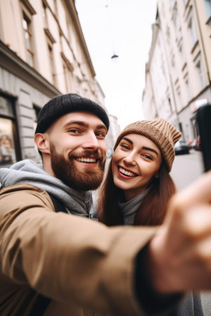 phone call, selfie and couple on city street together with happiness in travelの素材
