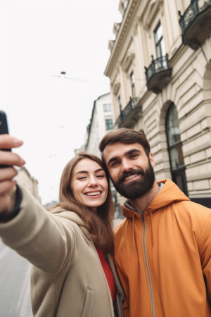 phone call, selfie and couple on city street together with happiness in travelの素材