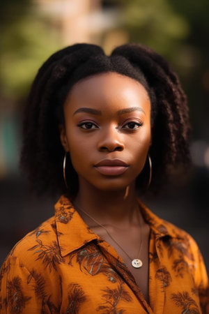 cropped portrait of a young african woman standing outdoorsの素材