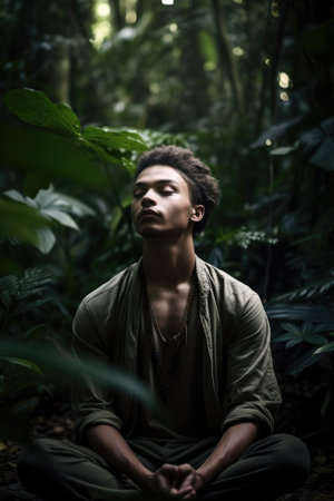 shot of a young man meditating in the jungleの素材