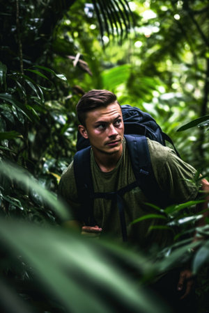 shot of a young man hiking through the jungleの素材