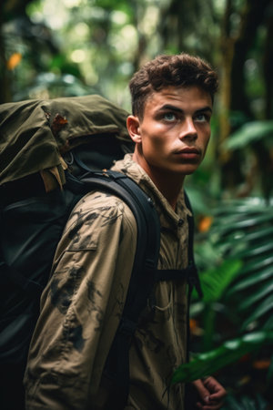 shot of a young man hiking through the jungleの素材