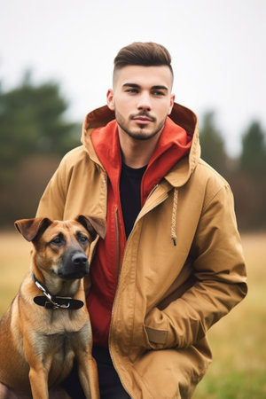 shot of a young man standing outside with his dogの素材