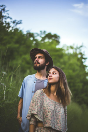 portrait of a young couple enjoying a day in natureの素材