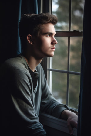 a young man looking out the window of his homeの素材