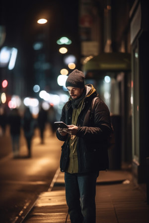 shot of a man using a messager while walking through the city at nightの素材
