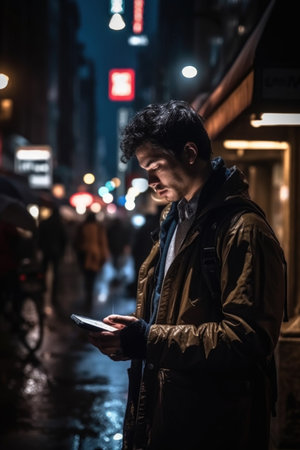 shot of a man using a messager while walking through the city at nightの素材