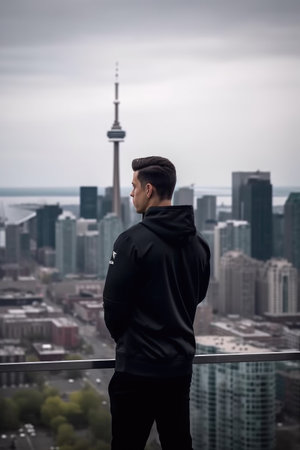 shot of a man looking out over a cityの素材