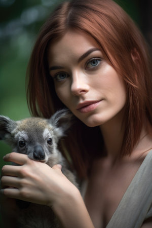 portrait of a young woman holding up a koala at the zooの素材