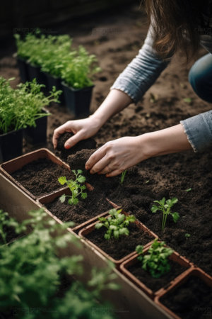 shot of an unrecognisable young woman planting seedlings in her gardenの素材