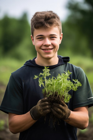 shot of a young man holding up seedlings to be plantedの素材