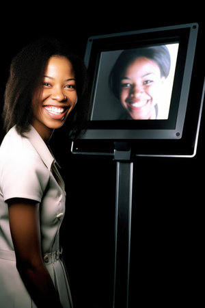 studio shot of a young woman smiling while receiving a message on her digital displayの素材