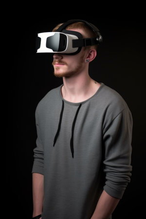 a handsome young man in the studio wearing a vr headsetの素材