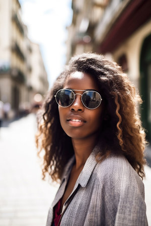 shot of a young woman wearing sunglasses while walking through the cityの素材