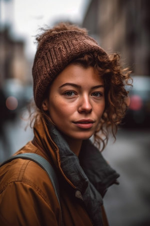 cropped portrait of a young woman in the cityの素材
