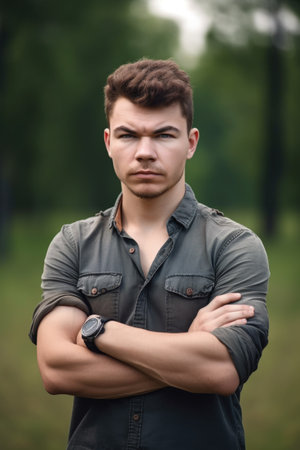 portrait of a confident young man standing outdoors with his arms crossedの素材