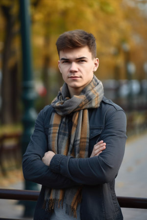 portrait of a confident young man standing outdoors with his arms crossedの素材