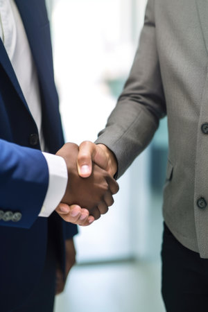 cropped shot of two unrecognizable men shaking hands in a modern officeの素材