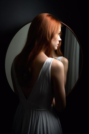 rear view shot of a young woman looking in the mirrorの素材