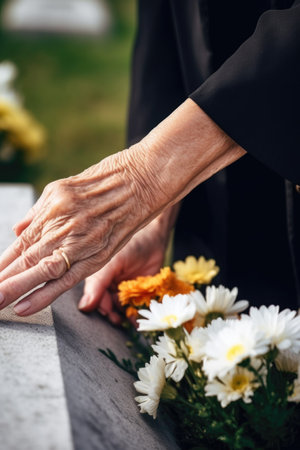 cropped shot of an unrecognizable woman placing a flower on the grave of her husbandの素材