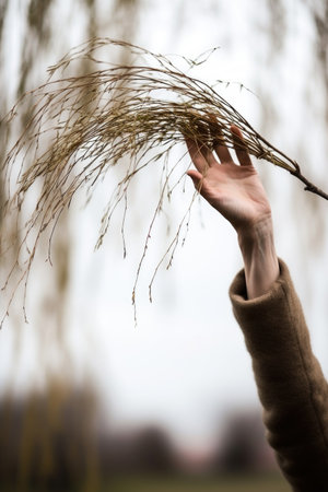 cropped shot of an unrecognizable woman holding up a willow branchの素材