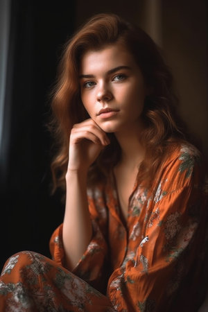 portrait of a beautiful young woman sitting indoorsの素材