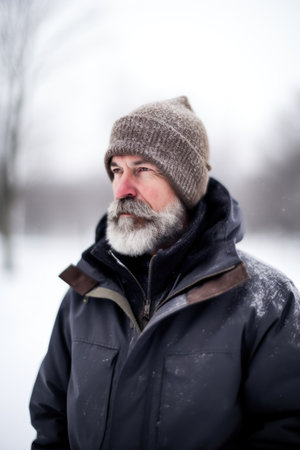 closeup shot of an unrecognizable man standing outdoors in winterの素材