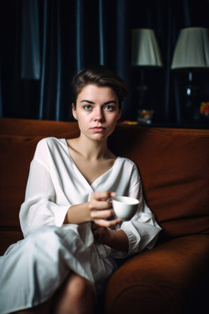 portrait of an attractive young woman sitting on her sofa with coffeeの素材
