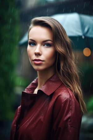 portrait of an attractive young woman posing outdoors in the rainの素材
