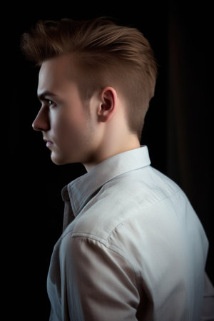 closeup portrait of a handsome young man standing with his back to the cameraの素材