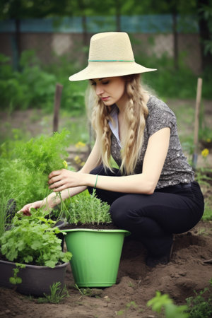 an attractive young woman planting new plants in the outdoorsの素材