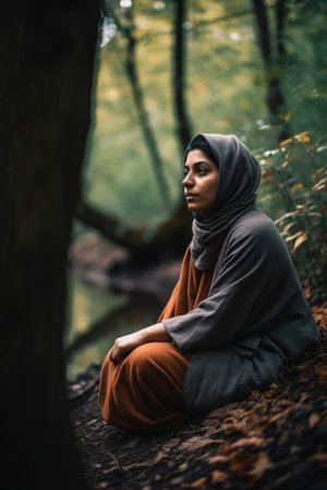 shot of a young muslim woman sitting alone in natureの素材