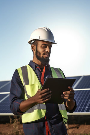 shot of a young male contractor using a digital tablet while doing electrical work at a solar energy farmの素材