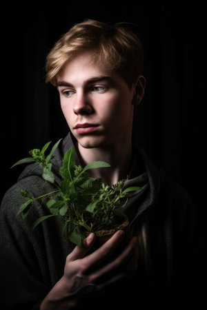 portrait of a young man holding a plant in his handの素材