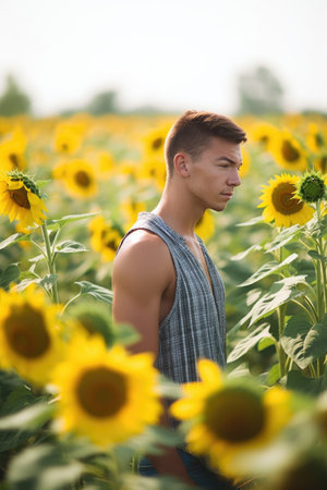 portrait of a young man standing in a sunflower fieldの素材