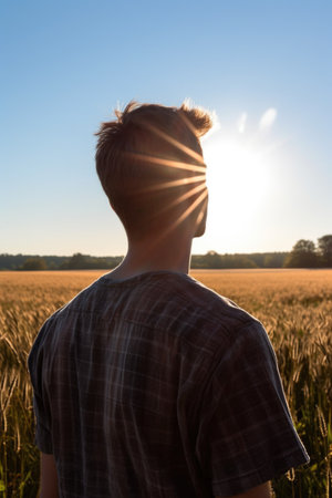 rearview closeup of a young man standing away from the sun in a fieldの素材