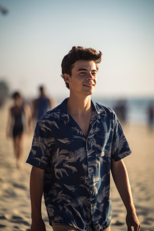 closeup shot of a young man strolling along the beachの素材
