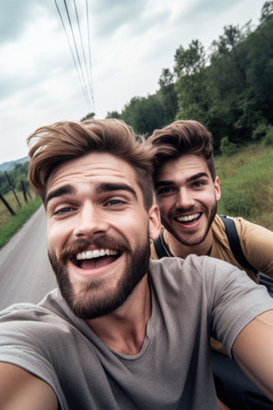 shot of two friends taking a selfie while travelling on the roadの素材