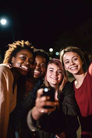 shot of a group of friends taking selfies together outside at nightの素材