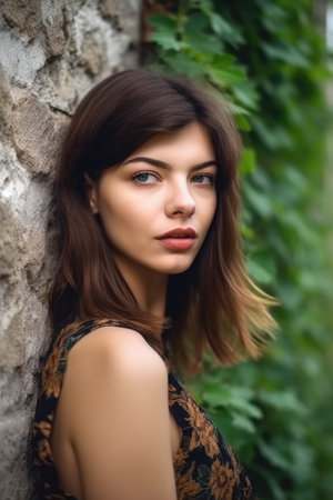 closeup shot of a young woman posing against a wall in natureの素材