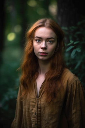 portrait of a beautiful young woman standing in the forestの素材