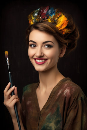 an attractive young woman with a paintbrush on her headの素材