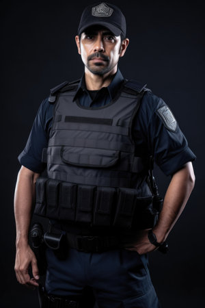 police man, mockup and portrait with cop equipment for safety, law enforcement or protectionの素材