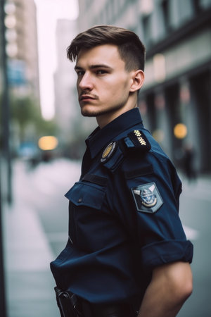 shot of a young policeman in the cityの素材