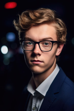 head and shoulders shot of a young journalist wearing glassesの素材